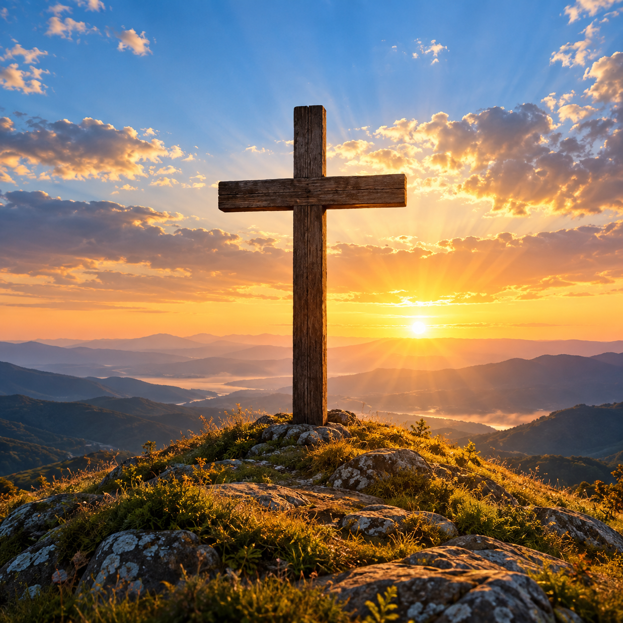 Wooden cross at sunrise